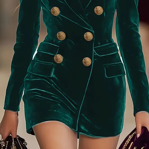 Velvet Double-Breasted Blazer Dress | New Mini Cotton Bodycon Dress - Picture 6 of 10